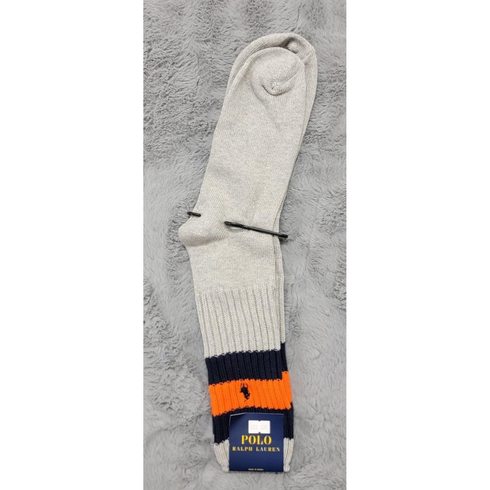 Polo Ralph Lauren Socks Mens 10-13 Gray Knit Rugby Navy Orange Stripe Pony Crew